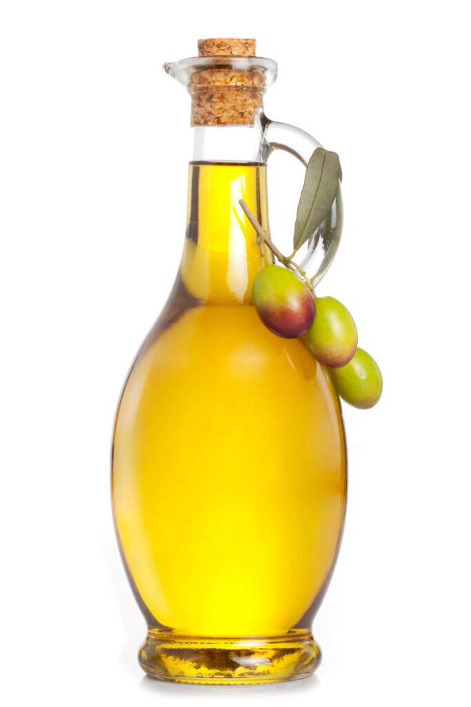 Extra-virgin olive oil in a tall bottle