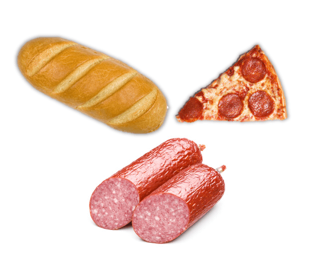 Loaf of french bread, slice of pizza, and roll of salami