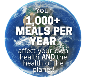 Earth with overlaid text: Your 1,000+ meals per year affect your own health AND the health of the planet