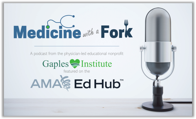 "Medicine With a Fork" podcast logo, with a microphone shown alongside it