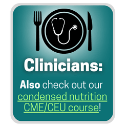 Stethoscope, fork, and plate, linked to the nutrition CME page