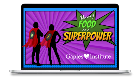 A laptop with the course "Using Food as a Superpower," a nutrition course for teens and young adults, visible on the screen