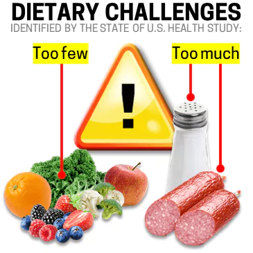 Fruits and vegetables with label of "too few"; salt and processed meat with label of "too much"