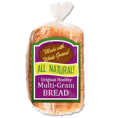 Loaf of bread with many advertising claims on the label