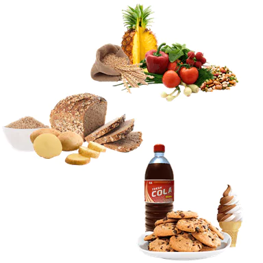 Collage of carb-rich foods including fruits, vegetables, grains, and sweets