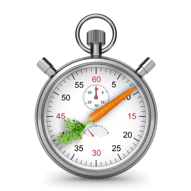 A stopwatch with a carrot for the second hand, symbolizing the speedy positive effect of a healthy diet