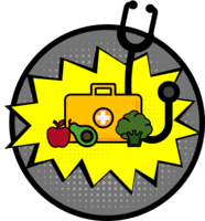 A stethoscope icon arranged with a doctor bag, apple, avocado, and broccoli