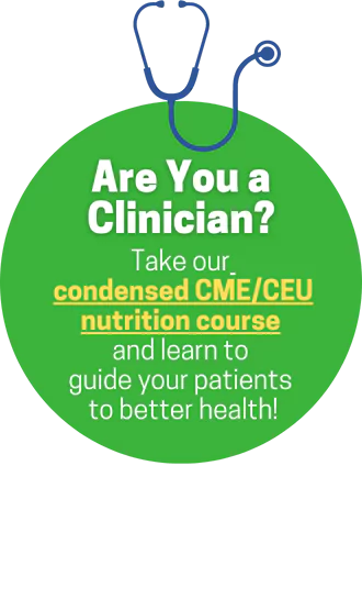 Stethoscope image inviting clinicians to click to learn about our nutrition CME / CEU for health professionals.