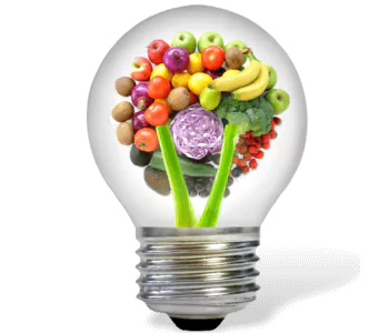 A light bulb filled with vegetables and fruits