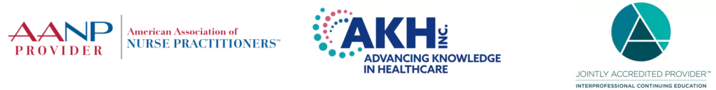 Logos for the American Association of Nurse Practitioners, AKH (Advancing Knowledge in Healthcare), and Jointly Accredited Provider of Interprofessional Continuing Education