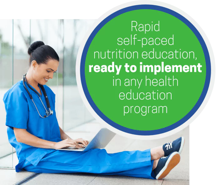 A woman wearing scrubs and a stethoscope, studying a nutrition course on a laptop