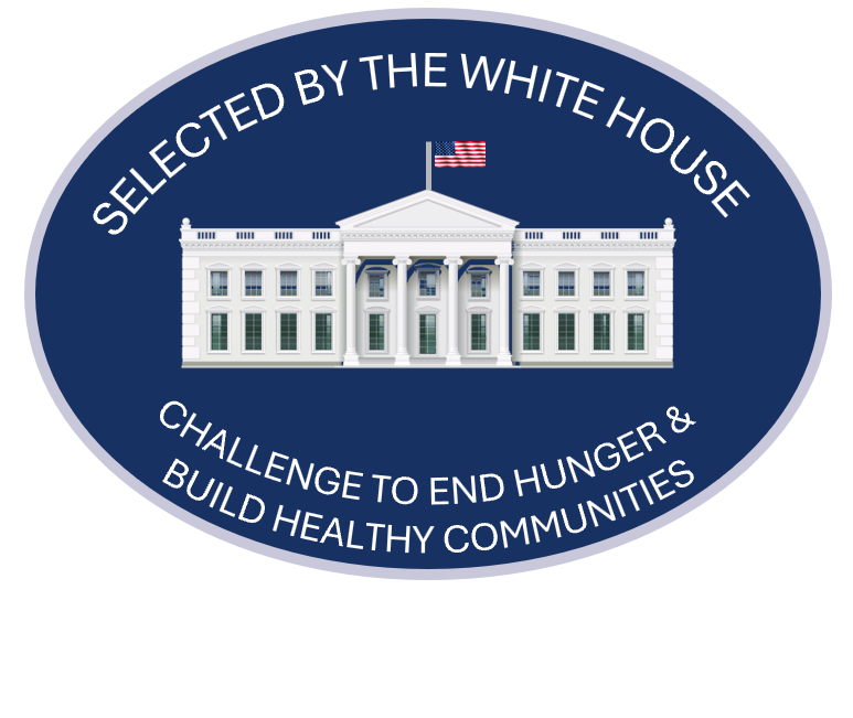 The white house depicted in an oval seal, surrounded by the words "Selected by the White House Challenge to End Hunger & Build Healthy Communities"