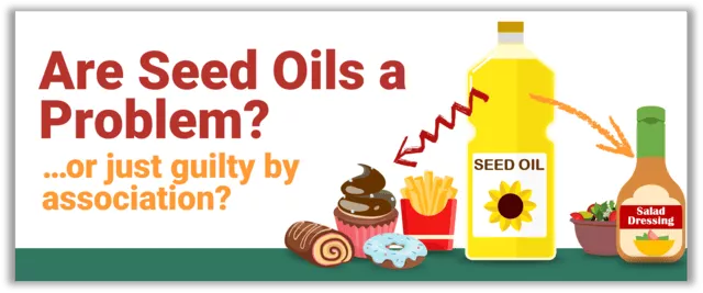 A bottle of sunflower oil with arrows extending to the left and right. On the left, the arrow points to an array of ultraprocessed junk foods. On the right, the arrow points to a healthy vinaigrette and a fresh salad.