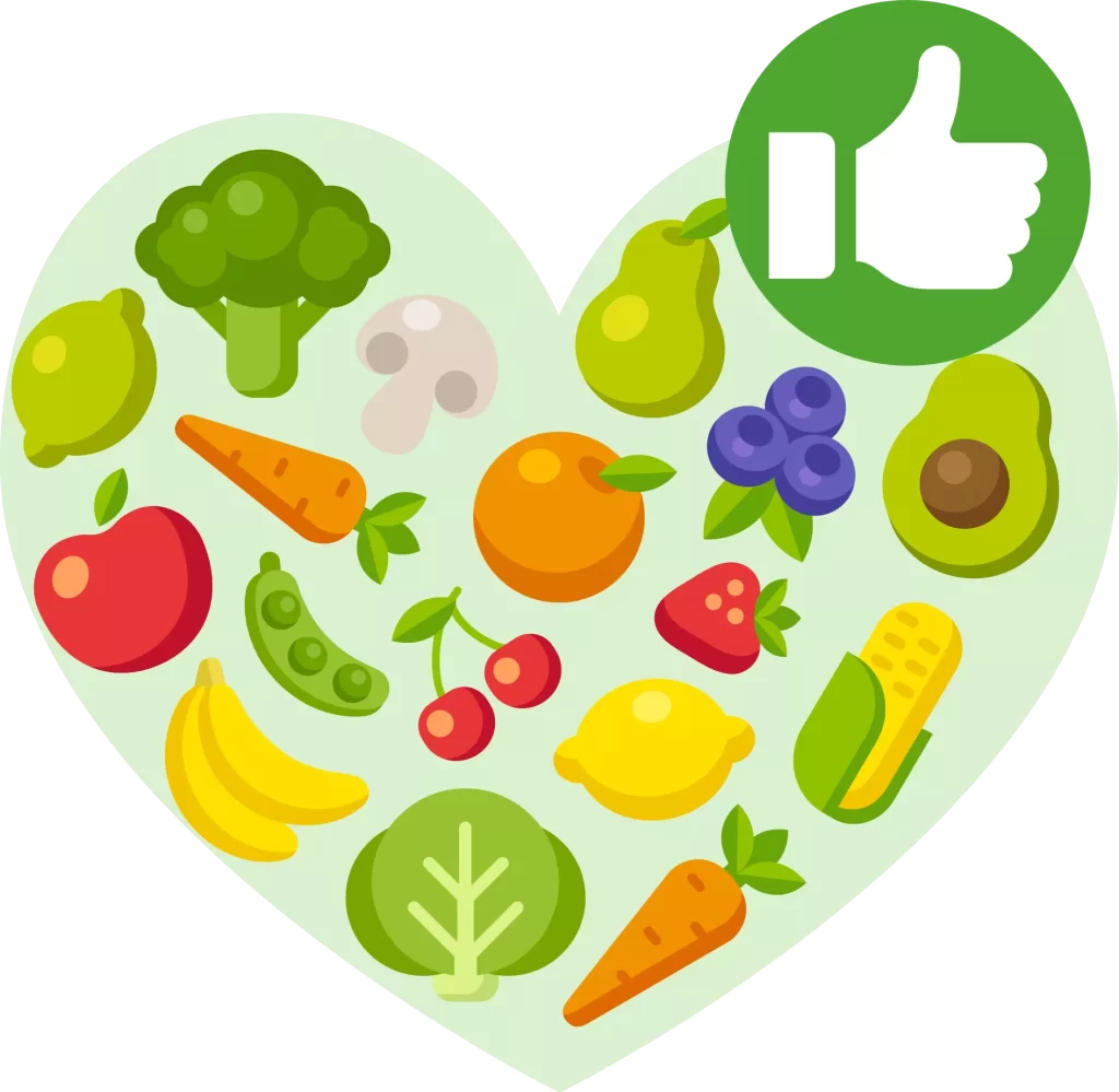 Vegetables and fruit, arranged in a heart shape, with a thumbs-up icon alongside