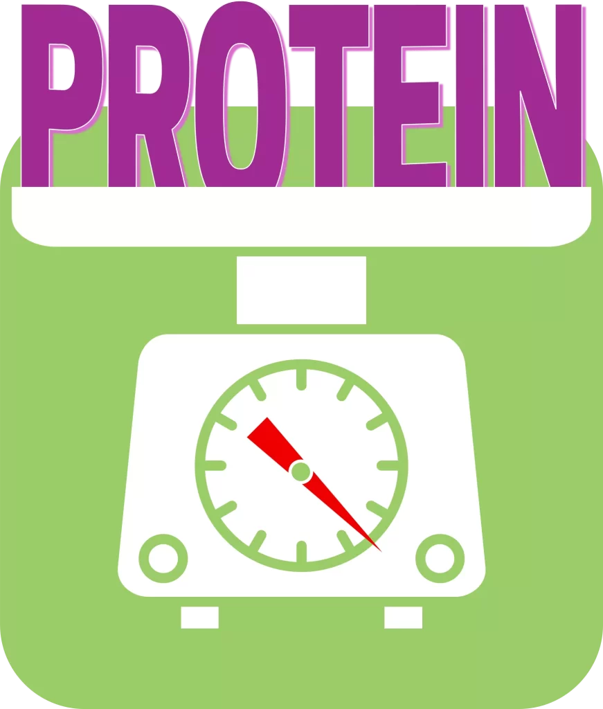 A scale with the word "protein" on the tray. The needle on the scale shows a high reading.
