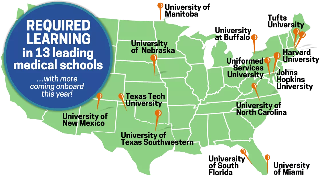 U.S. map with pins pointing to 13 medical schools who require the Gaples Institute clinical nutrition course