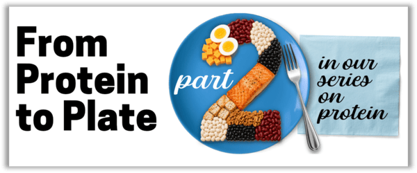 Protein-rich foods such as beans, salmon, nuts, eggs, and meat, arranged in the shape of a 2