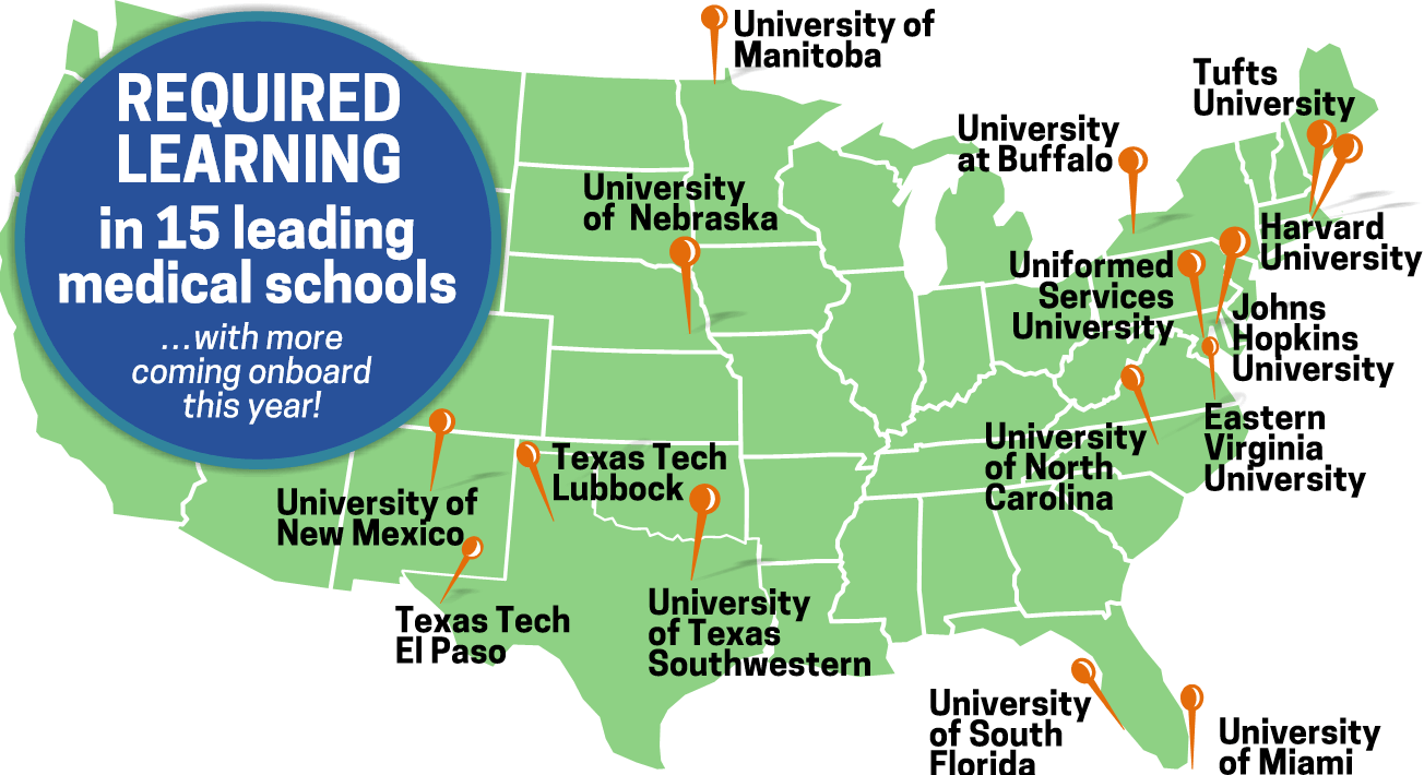 U.S. map with pins pointing to 14 medical schools who require the Gaples Institute clinical nutrition course