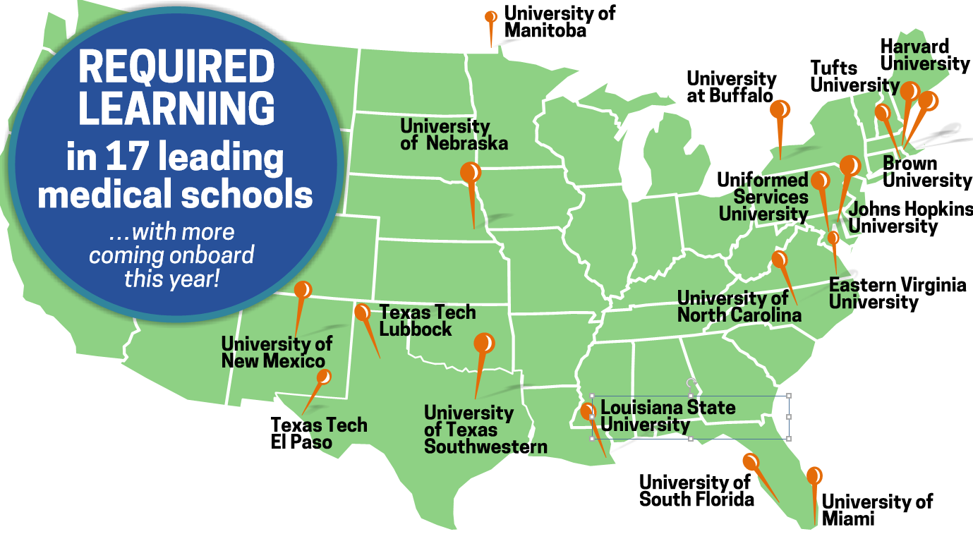 U.S. map with pins pointing to 17 medical schools who require the Gaples Institute clinical nutrition course